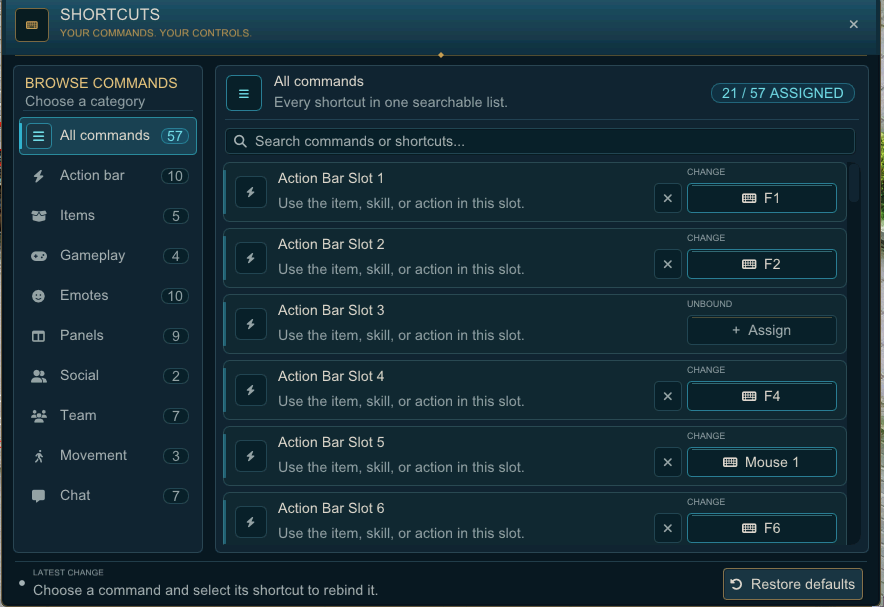 Conquest Shortcut Manager showing searchable categories and editable action bar bindings
