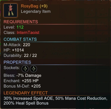 Legendary Bag item tooltip