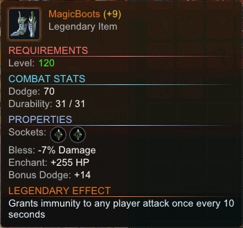 Legendary Boots with a player-attack immunity passive