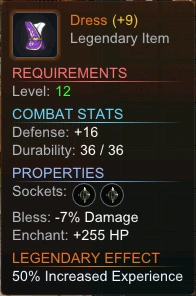 Legendary Dress item tooltip