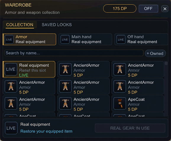 Wardrobe Collection interface showing armor, main-hand, and off-hand appearance slots, search, owned filter, and 5 Donation Point prices